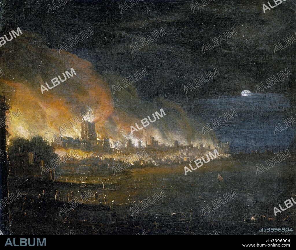 'The Great Fire of London, 1666', (c1666). As is usual in paintings of the Great Fire the flaming St Paul's Cathedral dominates the scene. The view is taken from Essex Stairs looking down past Temple Stairs towards Bridewell Dock on the River Thames, with London Bridge on the extreme right and a full moon above. The 'Impressionist' feel of this small work suggests that it may have been done on the spot and was intended to be developed into a large-scale painting later.