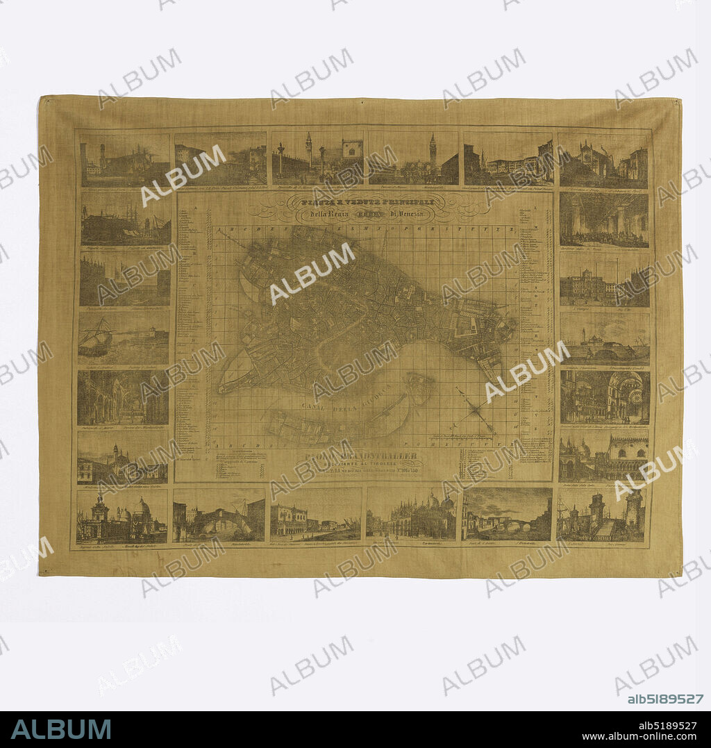 Handkerchief, Medium: cotton Technique: printed on plain weave, Border: pictures of different parts of Venice, Field: map of Venice, Colors: black, Italy, late 19th century, printed, dyed & painted textiles, Handkerchief.