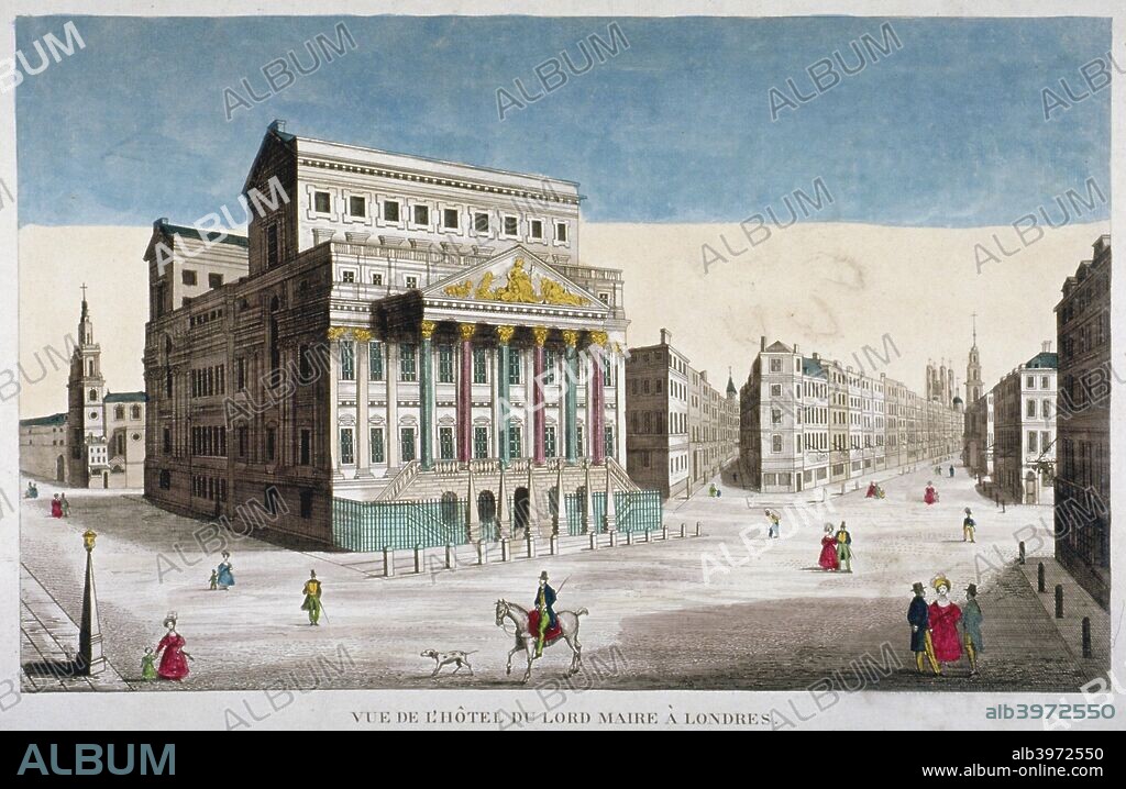 View of Mansion House, Cornhill and Lombard Street, City of London, 1790. With figures out walking, a man on horseback and a dog.