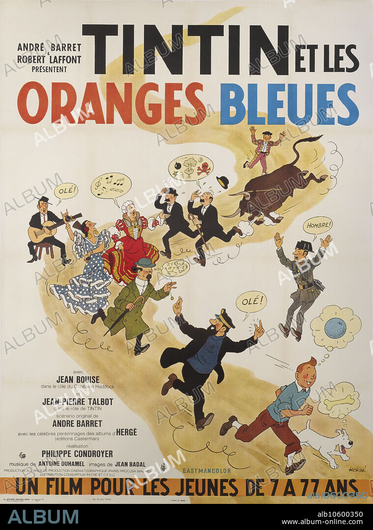 HERGé (GEORGES PROSPER REMI). Movie poster "Tintin and the Blue Oranges (Tintin et les Oranges bleues)" by Philippe Condroyer.