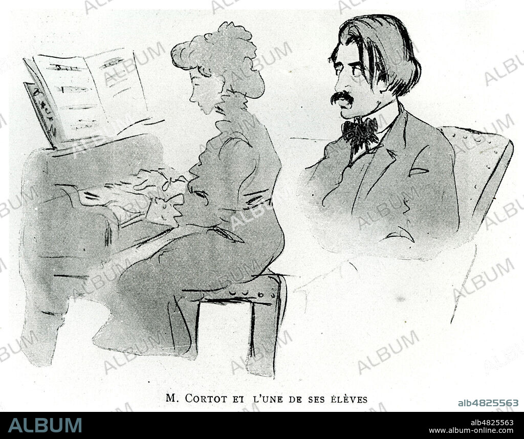 'M. CORTOT (1877-1962) et l'une de ses eleves'. Lecon de piano. Illustration de 1909. Credit : Collection KHARBINE-TAPABOR.