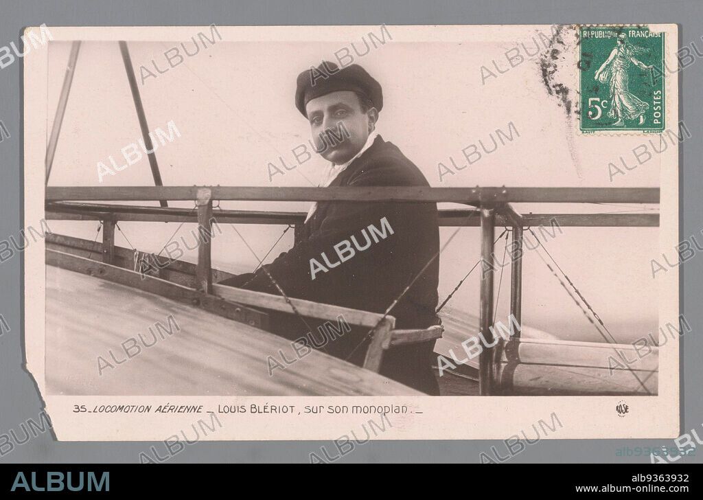 Portrait of Louis Blériot on his plane, Locomotion aérienne Louis Blériot, sur son monoplan (title on object), Fr. Rose (mentioned on object), France, c. 1909 - before 7-May-1910, photographic support, gelatin silver print, height 138 mm × width 90 mm.