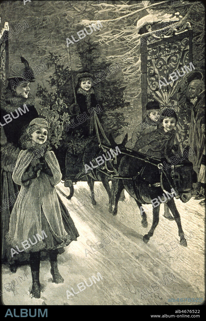 La Tante Arie (ou Airie) sur sa charrette tiree par des anes. Personnage de Noel, de la region Jura, Belfort, Montbeliard jusqu'a la frontiere Suisse, elle remplace a la fois le PEre Noel et Saint Nicolas. Gravure 19eme. Credit Collection Kharbine Tapabor.