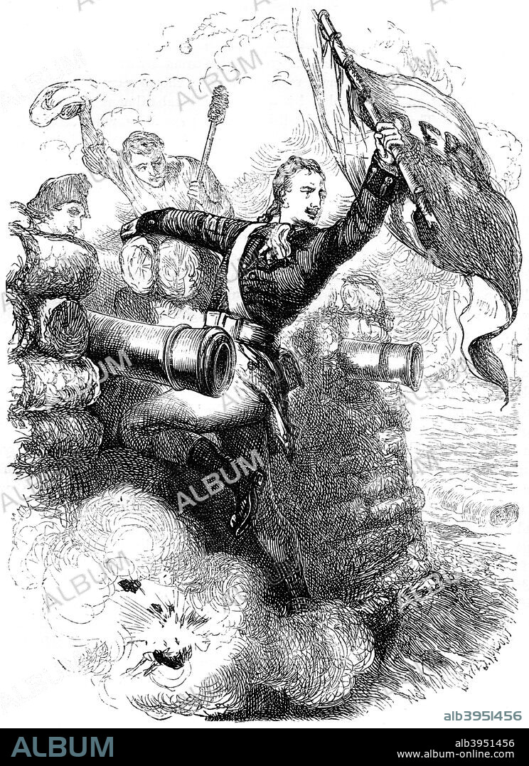 Sergeant Jasper recovering the flag, 1776 (c1880). William Jasper (c1750-1779) was a sergeant in the 2nd South Carolina Regiment in the American Revolutionary War. During the British bombardment of Fort Moultrie on Sullivan's Island, South Carolina, he recovered the South Carolina flag after the flagpole was shot away, holding it aloft until a replacement flagstaff could be found. He was killed in 1779 during the attempt to take Savannah, Georgia from the British. A print from Cassell's History of the United States, by Edmund Ollier, Volume II, Cassell Petter and Galpin, London, c1880.
