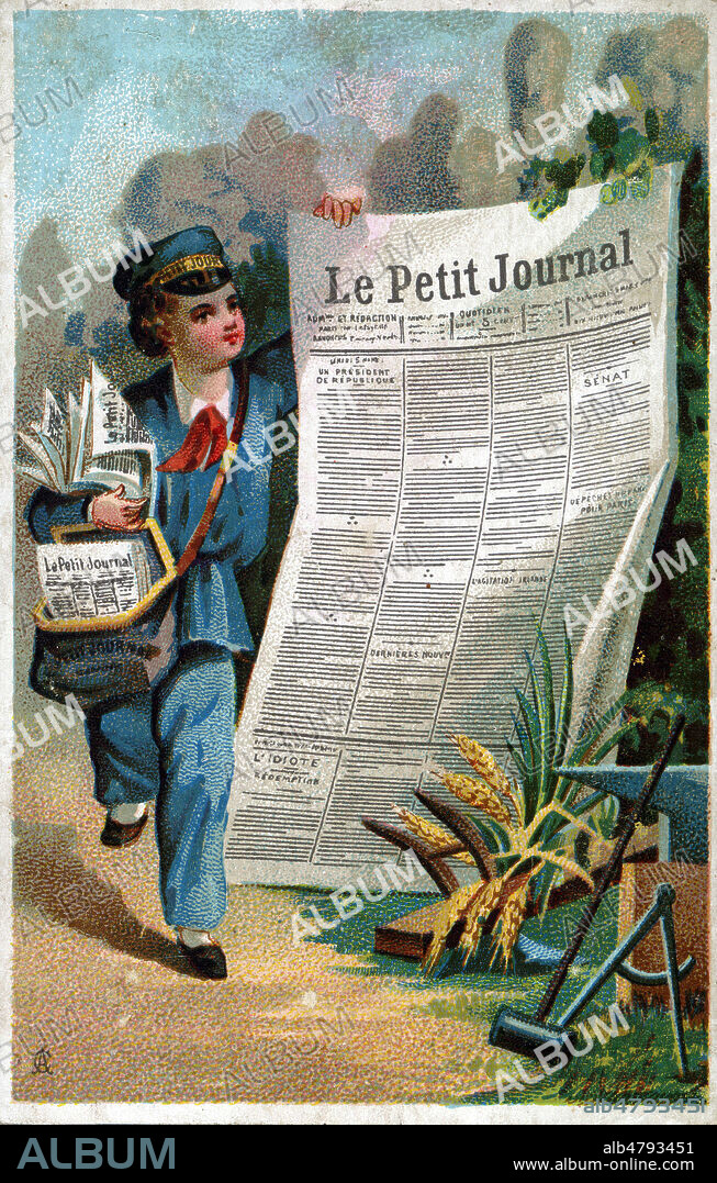 Vendeur de journaux, publicite pour 'Le Petit Journal'. Chromo vers 1880 1890. Illustration anonyme. Credit : Collection IM/KHARBINE-TAPABOR.