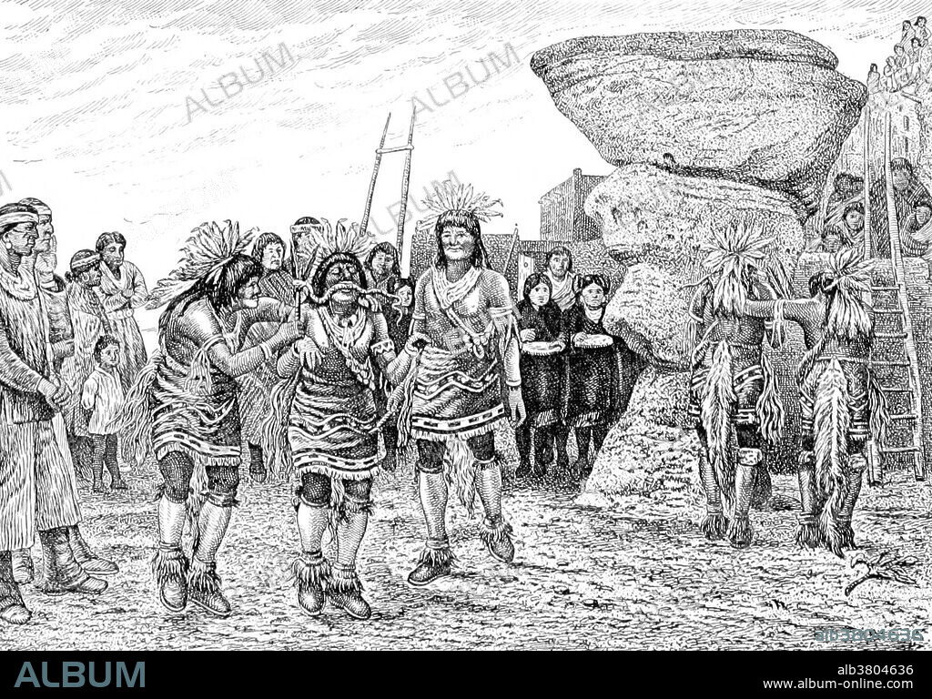 Image taken from page 194 of "American Indians" by Frederick Starr, 1899. The Snake Dance is the grand finale of ceremonies to pray for rain, held by individual Hopi tribes. Hopis believe their ancestors originated in an underworld, and that their gods and the spirits of ancestors live there. They call snakes their brothers, and trust that the snakes will carry their prayers to the Rainmakers beneath the earth. Thus the Hopi dancers carry snakes in their mouths to impart prayers to them. The ceremonies, conducted by the Snake and Antelope fraternities, last 16 days. The last day starts with a footrace to honor the snakes. The snakes are washed and deposited in the kisi. The Snake priests dance around the kisi. Each is accompanied by two other priests: one holding a snake whip and one whose function will be to catch the snake when it's dropped. Then each priest takes a snake and carries it first in his hands and then in his mouth. The whipper dances behind him with his left arm around the dancer's neck and calms the snake by stroking it with a feathered wand. After four dances around the plaza, the priests throw the snakes to the catchers. A priest draws a circle on the ground, the catchers throw the snakes in the circle, the Snake priests grab handfuls of them and run with them to turn them loose in the desert.