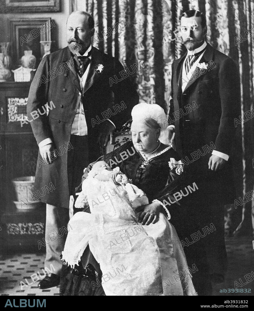 The future King Edward VIII's christening day, 16 July 1894. Queen Victoria, her son 'Bertie' who became Edward VII, her grandson who in his turn ruled as George V, and her great grandson Edward. Illustration from George V and Edward VIII, A Royal Souvenir, by FGH Salusbury, a souvenir book published as Edward VIII was crowned following the death of his father, George V, (Daily Express Publication, London, 1936).