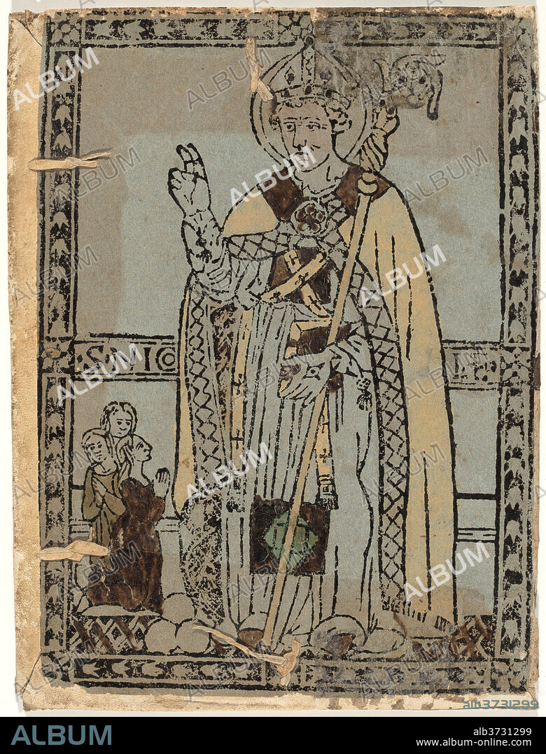 ITALIAN 15TH CENTURY. Saint Nicolas of Myra. Dated: 1470s. Dimensions: sheet: 29.3 x 21.2 cm (11 9/16 x 8 3/8 in.). Medium: woodcut, hand-colored in red, sand, green, olive, and tan, on blue paper.
