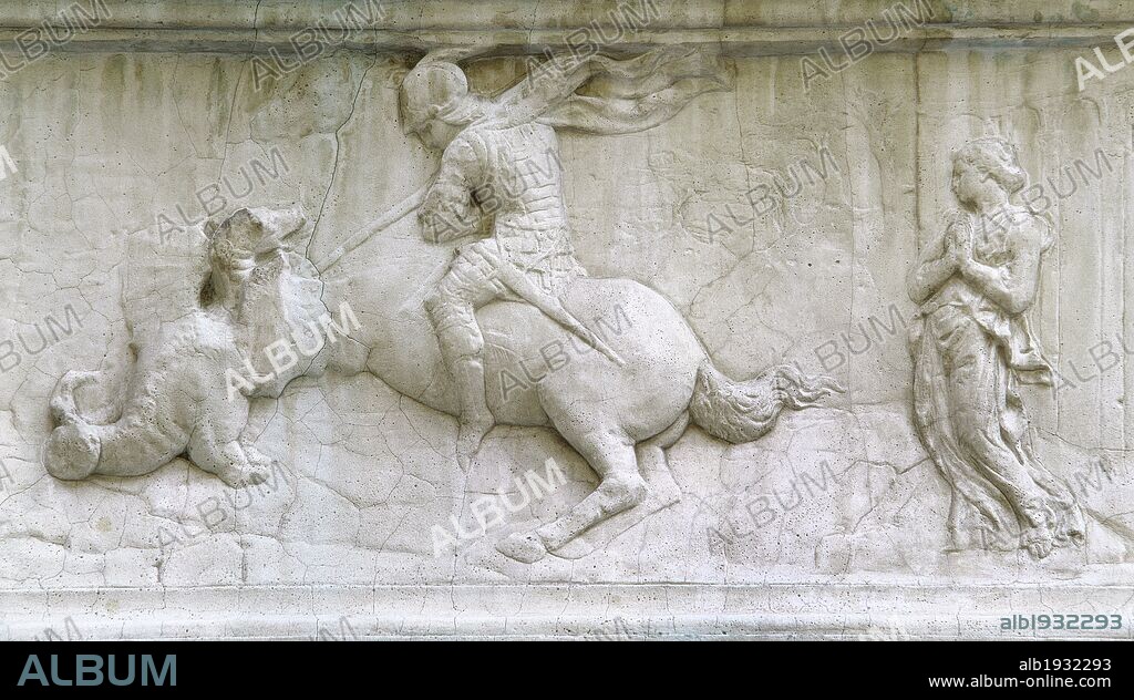 JORGE, San. Mártir cristiano del s. II. Es representado como un joven con armadura, cabalgando sobre un caballo y la lanza rota sobre el dragón. A su lado, la princesa. Relieve en el muro exterior de la IGLESIA DE ORSANMICHELE (1380). FLORENCIA. La Toscana. Italia.