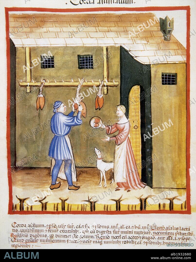 Tacuinum Sanitatis. 14th century. Medieval handbook of health. Drying animal hearts. Miniature. Fol. 78 v.