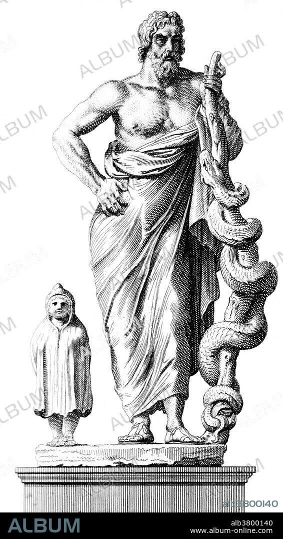 Asclepius (Aesculapius) is the God of Medicine and Healing in ancient Greek religion. Asclepius represents the healing aspect of the medical arts. The rod of Asclepius, a snake-entwined staff, remains a symbol of medicine today (not to be confused with the caduceus, or staff with two snakes). Some historians have proposed that there may have been a historical Asclepius during the Greek Dark Ages, who became the subject of a Hero cult and on whom the mythological character was based.Aesculapius standing, one hand on cane entwined with serpent, other hand at hip. The figure of Telesforo at left.