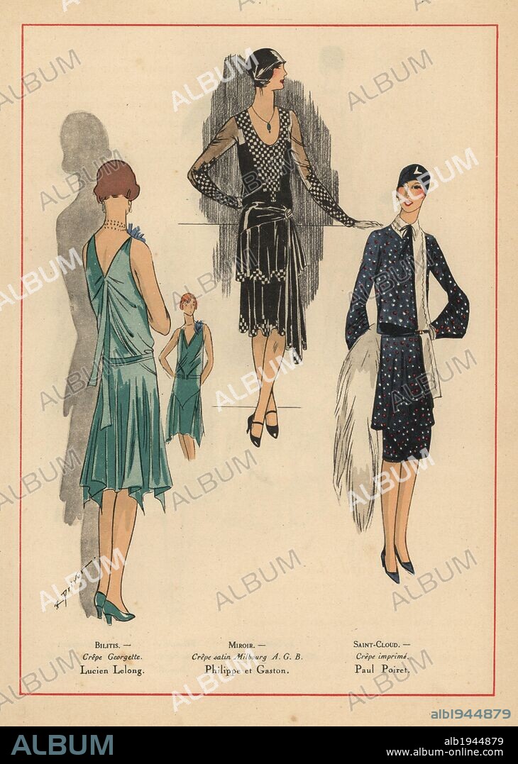 Women's dresses from 1928: green crepe georgette, black crepe satin with checkered accents, and blue printed crepe dress with white and red dots.. . Handcolored pochoir (stencil) lithograph from the French luxury fashion magazine "Art, Gout, Beaute".