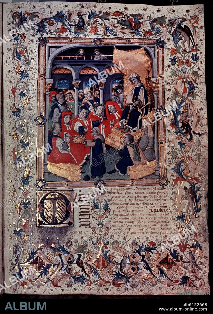 BERNAT MARTORELL (1390-1452). The Author Presents his Book to the Councillors of Barcelona in the Presence of Queen Maria, Wife of Alfonso V, from the 'Comentaris dels Usatges de Catalunya - 1448 - vellum.