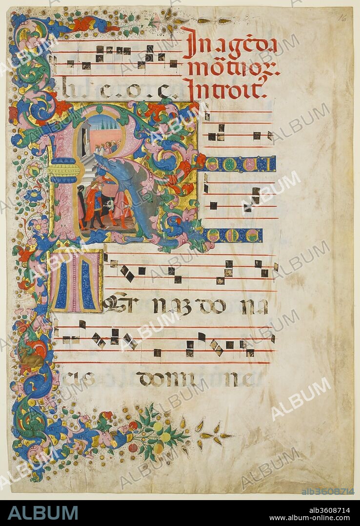 Manuscript Leaf with a Funeral Procession in an Initial R, from a Gradual. Artist: Mariano del Buono (Italian, 1433-1504). Culture: Italian. Dimensions: Overall: 28 1/8 x 20 1/16 in. (71.5 x 51 cm)
Ilumination: 8 3/16 x 8 11/16 in. (20.8 x 22.1 cm)
Mat size: 34 1/4 x 27 3/16 in. (87 x 69 cm). Date: second half 15th century.
This illumination offers a glimpse of life and death among wealthy citizens of Florence. The funeral procession is a lavish affair, with the deceased resting on a bier covered with expensive silk and the mourners attired in brightly colored costumes.