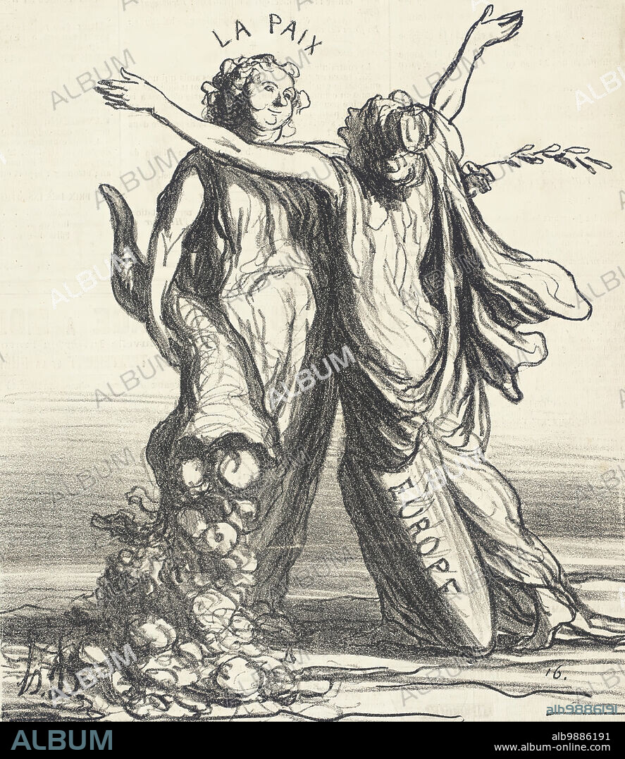 HONORÉ DAUMIER. Un Baiser de circonstance, 1867. The allegorical figures of Peace and Europe exchange a kiss. From Actualités.