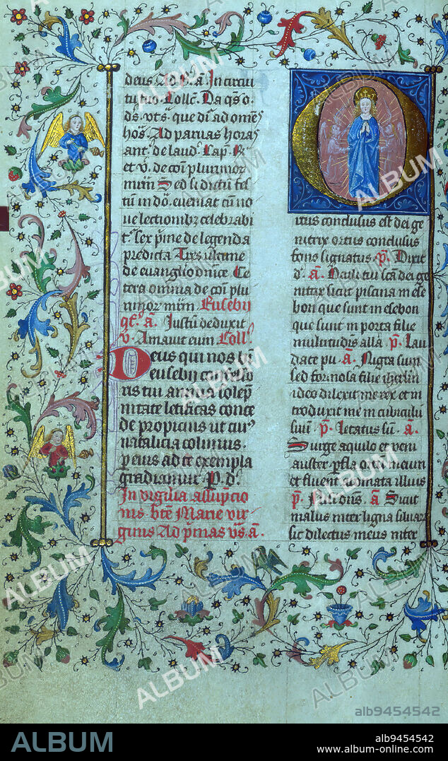 Breviary, Initial 'O' with the Assumption of the Virgin, This small breviary, having more that five hundred folio, is extraordinary for its length, considering it is the summer portion of a two-volume breviary for the use of Liège. The manuscript was completed for ecclesiastical use at Cathedral of Notre-Dame and St. Lambert in Liège in 1420 circa. The attribution is evidenced for instance by the Petitions to the congregation of this Cathedral, as well as the armorial shield of the family of Surlet de Chokier of Liège represented at the opening of the Psalms. The manuscript has a modest, but interesting, decoration with historiated and non figural initials that mark the liturgical texts. The folios opening the major divisions of the texts, display a border decoration with natural motifs and angels playing instruments. The most notable pictorial effect is probably found in the initials inhabited by transparent figures on rich blue ground.