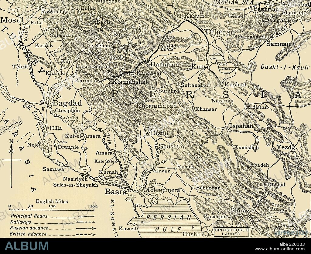 'Bagdad and the Persian Campaign', First World War, end of April 1916, (c1920). '...map showing approximately the lines of the British advance from the Persian Gulf and of the Russian column from Northern Persia'. From "The Great World War: A History", Volume V, edited by Frank A Mumby. [The Gresham Publishing Company Ltd, London, c1920].