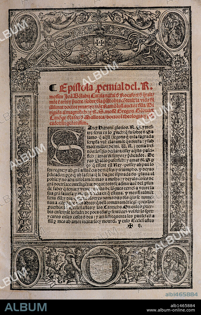 LLULL, Ramon (Palma de Mallorca, 1233/35-Bujía, 1315/16). Filósofo, místico y literato mallorquín "EPISTOLA PREMIAL DEL R". Fólio de "BLANQUERNA". "mossen Joan Bonllavi, catala natal de Rocaford de Queral / mestre en arts: y sobre de la feta obra cótenir la vida d'el iluminat doctor y martyr m're Ramon Lull autor d'ella. Dirigida al magnifich: y R. S. mossen Gregori Beonard, Canonge de la Seu de Mallorca / doctor en teología. Biblioteca Bartomeu March. Palma de Mallorca.