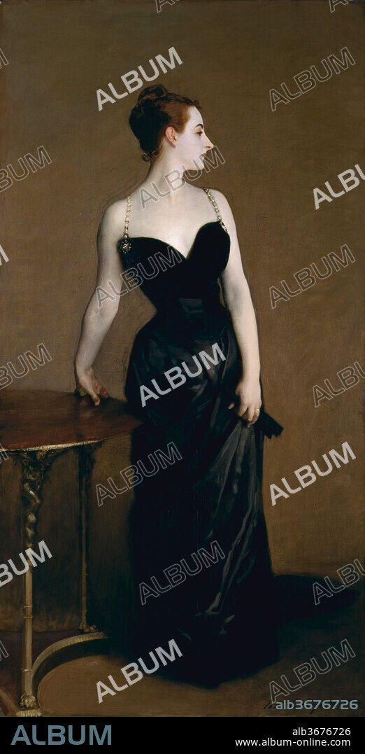 Madame X (Madame Pierre Gautreau). Artist: John Singer Sargent (American, Florence 1856-1925 London). Dimensions: 82 1/8 x 43 1/4in. (208.6 x 109.9cm)
Framed: 95 3/4 x 56 5/8 x 5 in. (243.2 x 143.8 x 12.7 cm). Date: 1883-84.
Madame Pierre Gautreau (the Louisiana-born Virginie Amélie Avegno; 1859-1915) was known in Paris for her artful appearance. Sargent hoped to enhance his reputation by painting and exhibiting her portrait. Working without a commission but with his sitter's complicity, he emphasized her daring personal style, showing the right strap of her gown slipping from her shoulder. At the Salon of 1884, the portrait received more ridicule than praise. Sargent repainted the shoulder strap and kept the work for over thirty years. When, eventually, he sold it to the Metropolitan, he commented, "I suppose it is the best thing I have done," but asked that the Museum disguise the sitter's name.