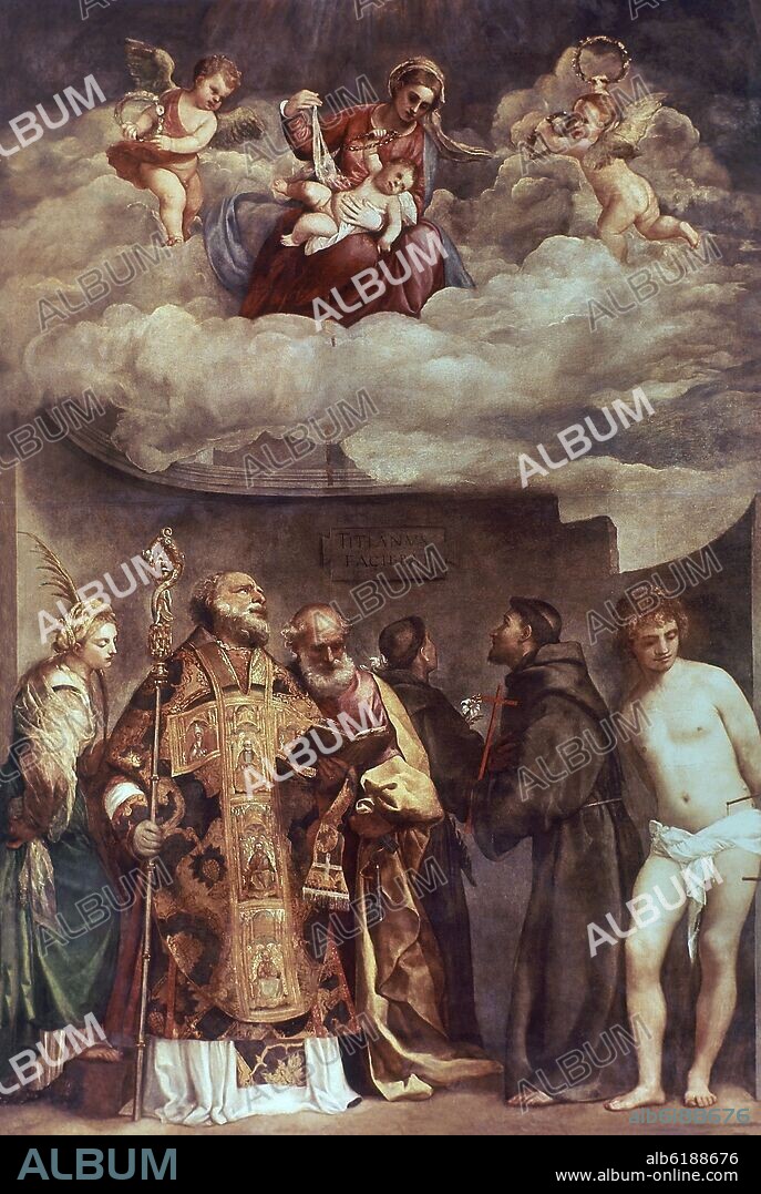 TIZIANO VECELLIO DE GREGORIO-TICIANO-. VIRGEN EN LA GLORIA Y SEIS SANTOS, RETABLO REALIZADO PARA SAN NICCOLO DEI FRARI DE VENECIA EN 1523.