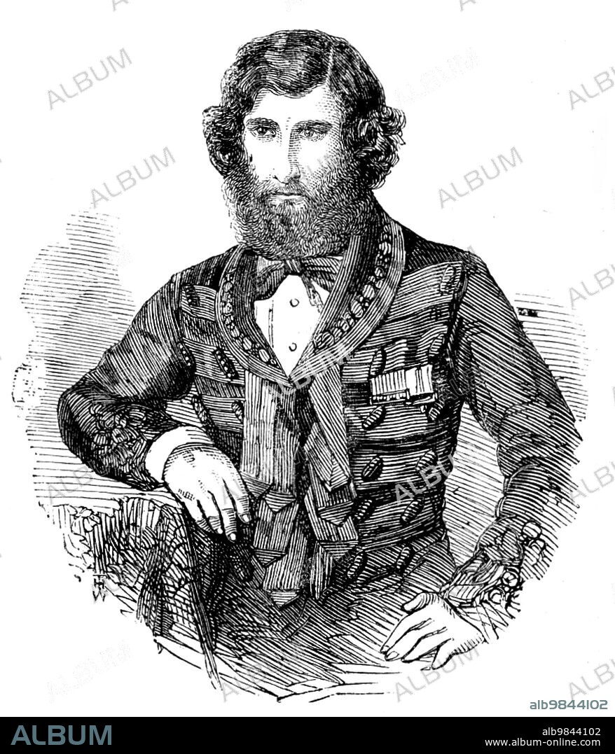 General Jacobs, of the Scinde Horse, 1858. 'When the first Affghan war broke out Lieutenant Jacob accompanied the army of Lord Keane as far as Upper Scinde, where he was left to assist in keeping open the communications, &c...In the beginning of 1842 he was appointed to the command of the Scinde Horse...[which was] ordered to join the army of Sir Charles Napier, and played a conspicuous part in the campaign that followed, covering themselves with glory at the battles of Meeanee, Hyderabad, and Shah-dadpoor...on the site of the old mud fort of Khaunghur there sprang up the thriving town of Jacobabad (containing now some 10,000 inhabitants), and the district around became as peaceful and flourishing as any part of British India...Major Jacob had turned his attention to the improvement of rifled firearms...his "percussion rifle shells" form a new feature in modern warfare, and would render it all but impossible for a battery of field artillery as at present constituted to keep the field, having been repeatedly proved perfectly effective at the distance of upwards of a mile'. From "Illustrated London News", 1858.