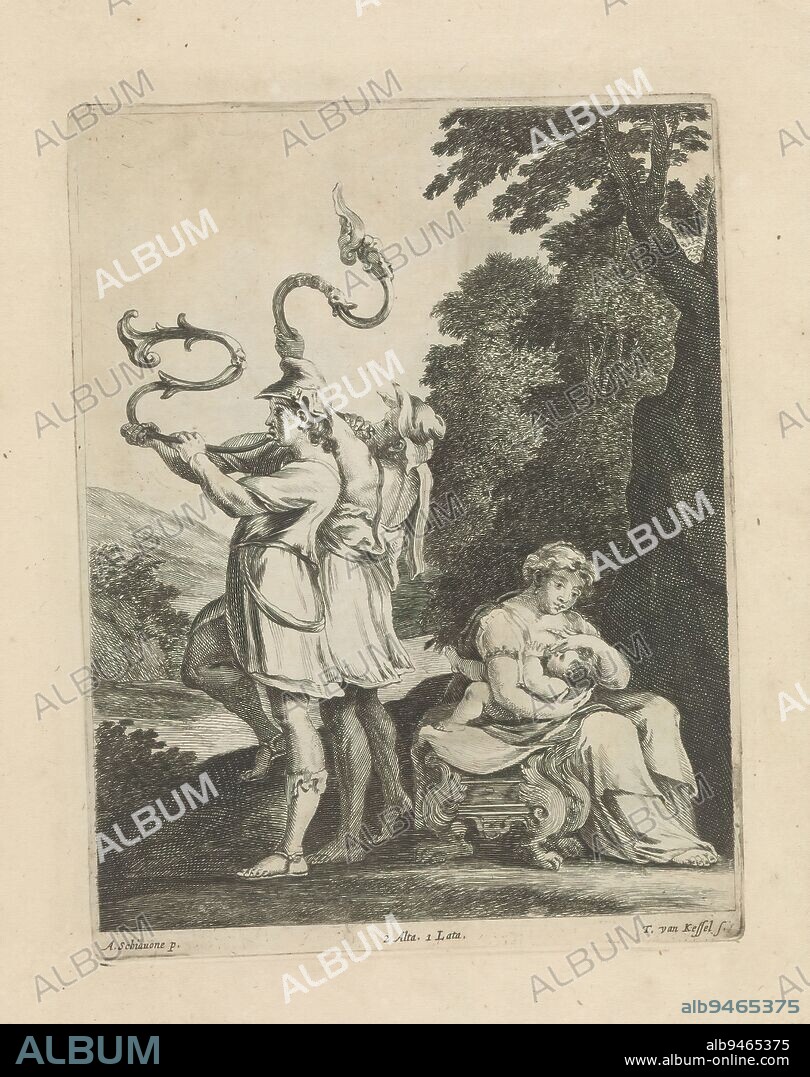 Amalthea is suckling the young Jupiter, On the right the nymph sits with Jupiter. On the left, two men blow a decorated horn. In the background, a mountain landscape with a water feature. This print is part of an album., print maker: Theodorus van Kessel, (mentioned on object), after painting by: Schiavone, (mentioned on object), publisher: David Teniers (II), print maker: Southern Netherlands, after painting by: Italy, publisher: Brussels, 1660, paper, etching, height 222 mm × width 170 mm.