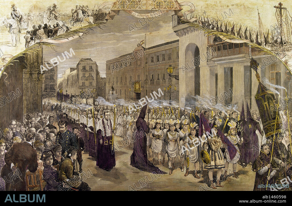 HISTORA DE ESPAÑA. SIGLO XIX. SEMANA SANTA. SEVILLA. "LA PROCESION DEL SANTO ENTIERRO DEL VIERNES SANTO A SU PASO POR LA PLAZA DE SAN FRANCISCO". Grabado coloreado.