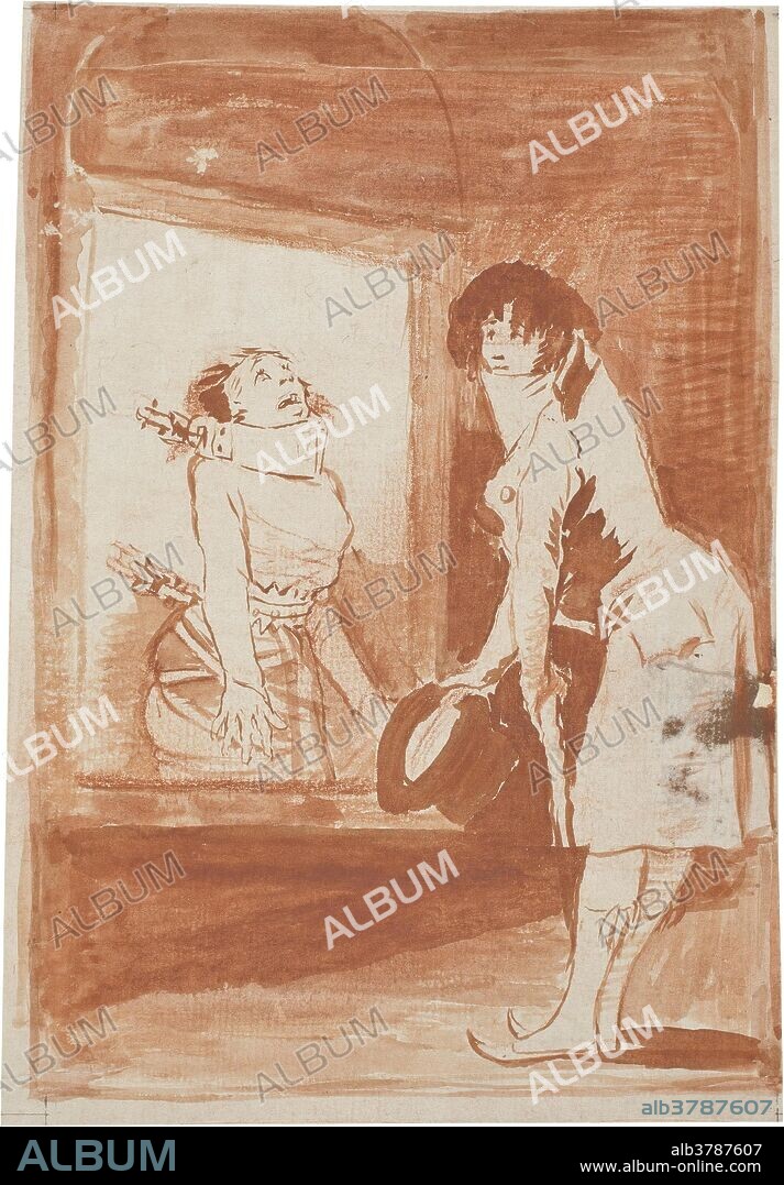 Francisco de Goya y Lucientes / 'La tortura del dandy'. 1797 - 1798. Aguada roja, Sanguina sobre papel verjurado, agarbanzado, 190 x 132 mm.
