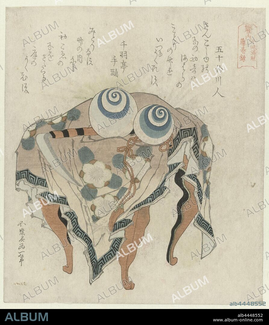 Fujiwara clan: the pearls of low tide and the Fujiwara scythe Fujiwara - Kanju manju Fuji no makikama (title on object) The four significant clans of Japan (series title) Shisei no uchi (series title on object), The pearls of ebb and flow with the scythe of the Fujiwara clan on a silk cloth decorated with plum blossom, draped over a three-legged table. With two poems, agricultural implements: scythe, Katsushika Hokusai (mentioned on object), Japan, c. 1822, paper, colour woodcut, h 214 mm × w 188 mm.