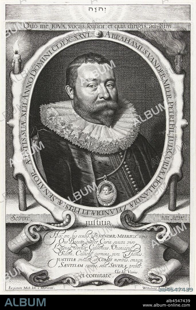 Portrait of counselor Abraham van der Meer at the age of 42 with portrait miniature of his wife Maria van den Corput at the age of 23, Portrait of counselor Abraham van der Meer at the age of 42 age, he wears a medallion with a miniature portrait of his wife Maria van den Corput on a chain at the age of 23. Brisket dressed in a pleated collar and gown in an oval cartouche flanked by a burning and an extinguished candle. Below the portrait a cartouche with Latin verse in six lines. Above the portrait, the Hebrew name of God is printed in radiant light with a separate narrow plate. The rays continue in the upper edge of the other plate with the portrait, 'Vanitas' symbols, tetragram (in Roman or Hebrew script), symbol of God the Father, neck-gear: collar (men's clothes), Abraham van der Meer, Maria van den Corput, Willem Jacobsz. Delff (mentioned on object), Delft, 1626, paper, engraving, h 281 mm × w 198 mm × h 18 mm × w 198 mm.