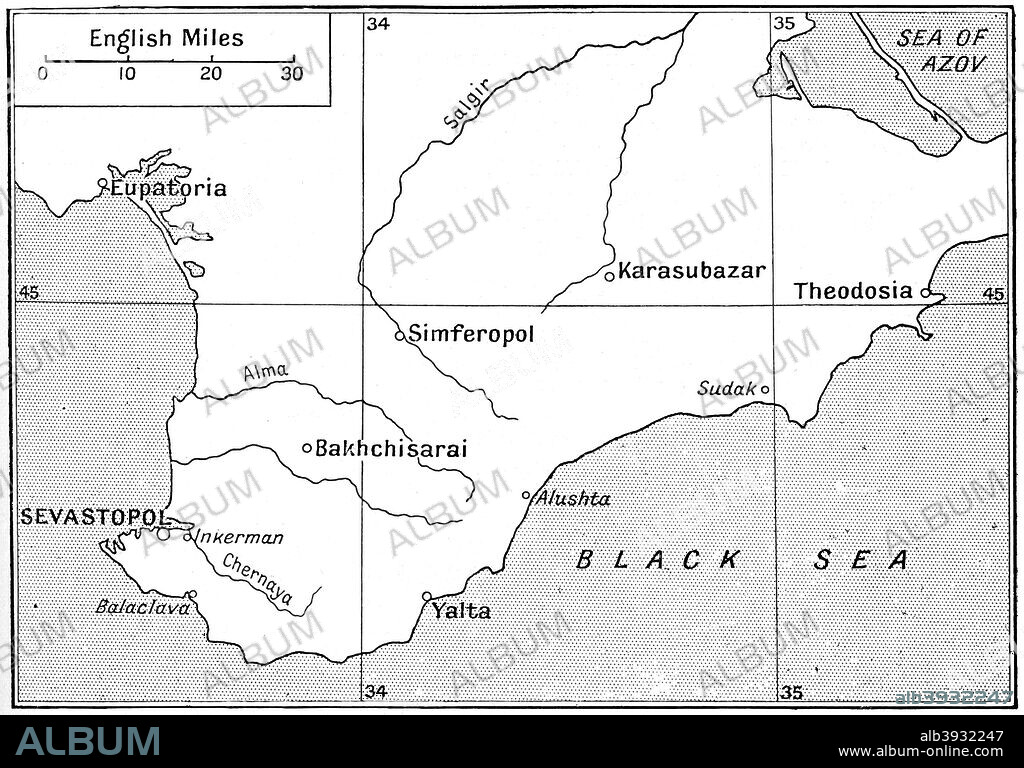 Map of the area where the Crimean War was fought in the 1850s, (c1920). The plan shows the relative positions of the battlefields of Crimea. Illustration from Story of the British Nation, Volume IV, by Walter Hutchinson, (London, c1920s).
