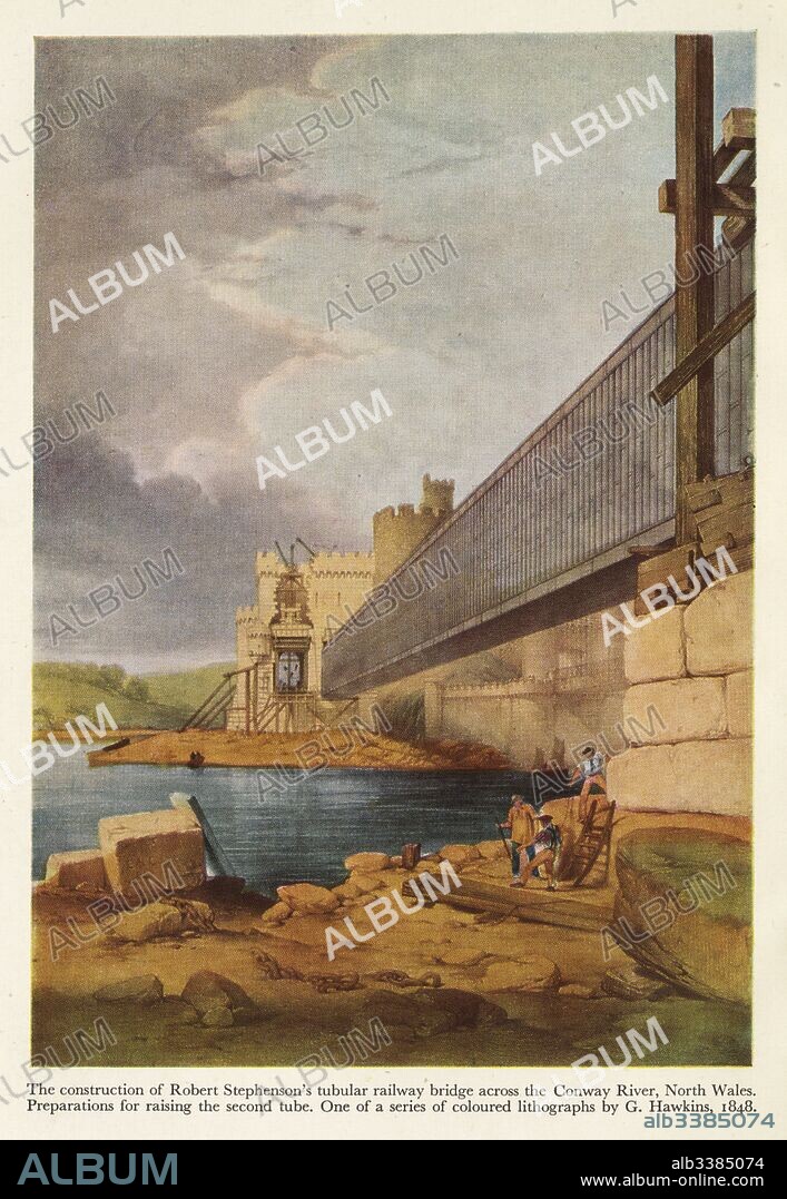 The construction of Robert Stephenson's tubular railway bridge across the Conway River, North Wales.