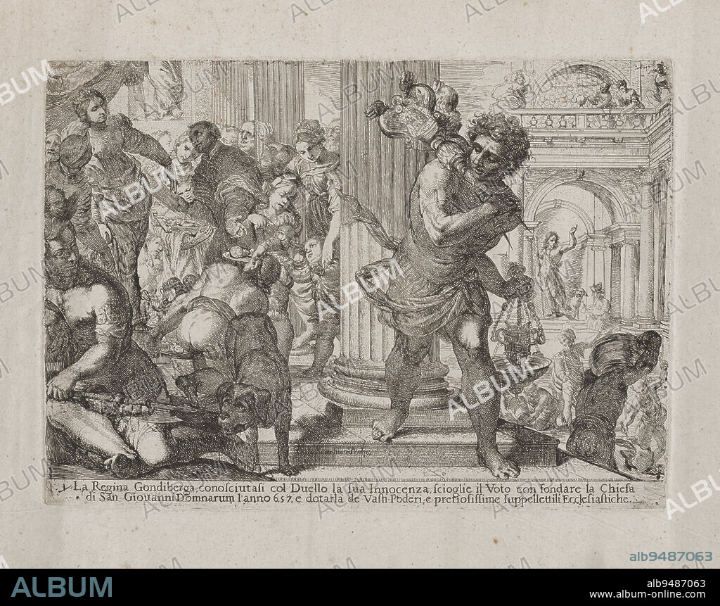 The Langobard Queen Gondiberga Founds the Church of Giovanni Domnarum, 1635, Carlo Andrea Sacchi, Italian, 1616/17 - 1707, 9 11/16 × 13 1/2 in. (24.61 × 34.29 cm) (plate)13 5/8 × 18 5/8 in. (34.61 × 47.31 cm) (sheet), Etching, Italy, 17th century, This etching illustrates a scene from the 600s in Lombardy, today in northern Italy. Queen Gondiberga had been falsely accused of conspiring to poison her husband, the king, who then imprisoned her in a tower for three years. Only when an emissary of another king entreated her husband to put the matter to the 'judgement of God' did the king relent, and then only by allowing Gondiberga to choose a champion to fight a duel on her behalf against her accuser. The fight resulted in the accusers death and a declaration of Gondibergas innocence. She was restored to her palace and all her honors. In celebration, she founded San Giovanni Domnarum, endowing it with vast farmlands and precious ecclesiastical furnishings.