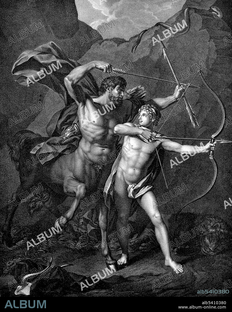 Chiron and Achilles. Chiron (Kheiron) was the eldest and wisest of the Centaurs, a tribe of half-horse men. He was an immortal god, a son of the Titan Kronos (Cronus) and the nymph Philyra. While Kronos was coupling with Philyra his wife Rhea appeared so to escape notice he transformed himself into a horse, and in this way sired a half-equine son. Like the satyrs, centaurs were notorious for being wild and lusty, overly indulgent drinkers and carousers, given to violence when intoxicated, and generally uncultured delinquents. Chiron, by contrast, was intelligent, civilized and kind, but he was not related directly to the other centaurs. He was known for his knowledge and skill with medicine. A great healer, astrologer, and respected oracle, Chiron was said to be the first among centaurs and highly revered as a teacher and tutor. In Greek mythology, Achilles was a Greek hero of the Trojan War, the central character and the greatest warrior of Homer's Iliad. Legends state that Achilles was invulnerable in all of his body except for his heel. He died because of a small wound on his heel, thus the term Achilles' heel has come to mean a person's principal weakness. Lithograph after J.B. Regnault, undated.