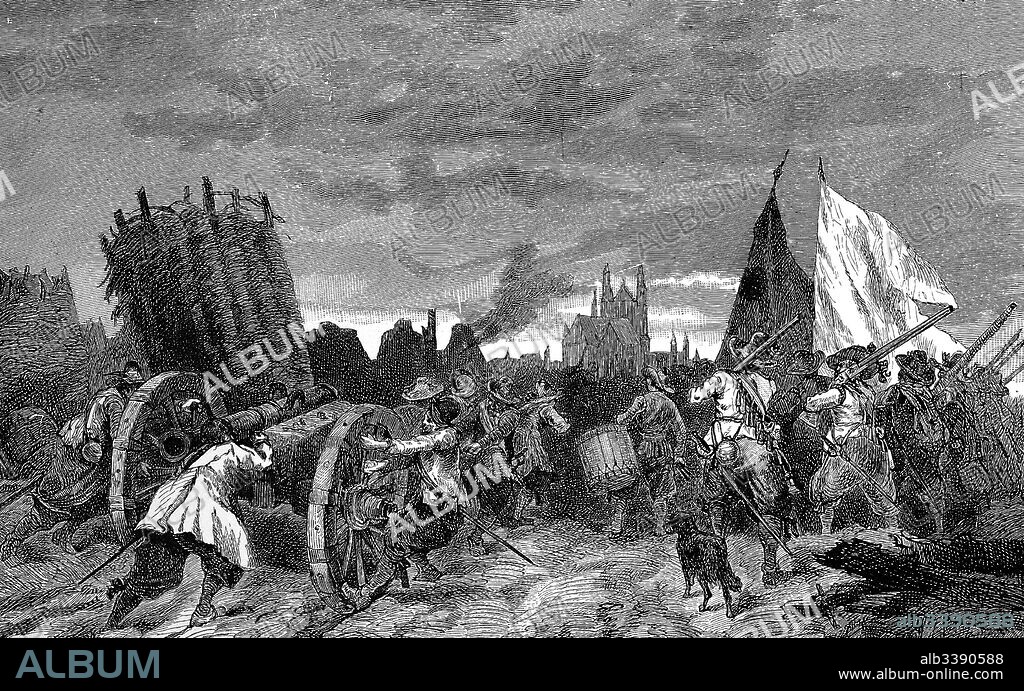 The Plunder of Magdeburg, Magdeburg's Sacrifice or Magdeburg Wedding, denotes the siege, subsequent sack and massacre of the inhabitants of the predominantly Protestant city of Magdeburg by troops of the Holy Roman Empire and the Catholic League during the Thirty Years' War, Historical, digitally restored reproduction of a 19th century template.
