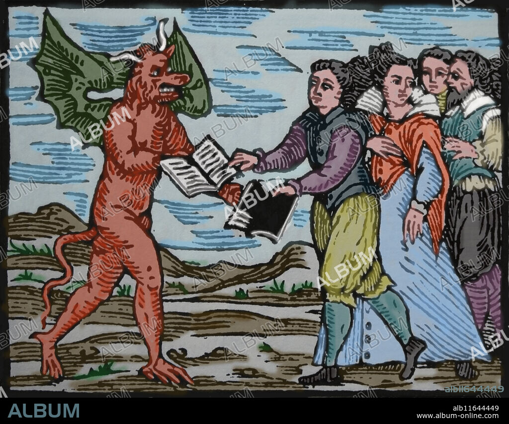 Sorcerer exchanging the Gospel for a book of black magic. Engraving by Compendium Maleficarum, 17th century.