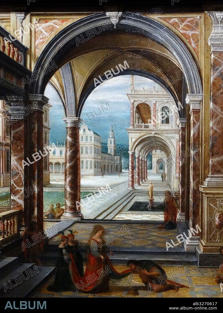 Detail from the painting titled 'The Courtyard of a Renaissance Palace' by Hendrik van Steenwijk II (1580-1649) a Dutch Baroque painter of predominantly architectural interiors. Dated 18th Century.