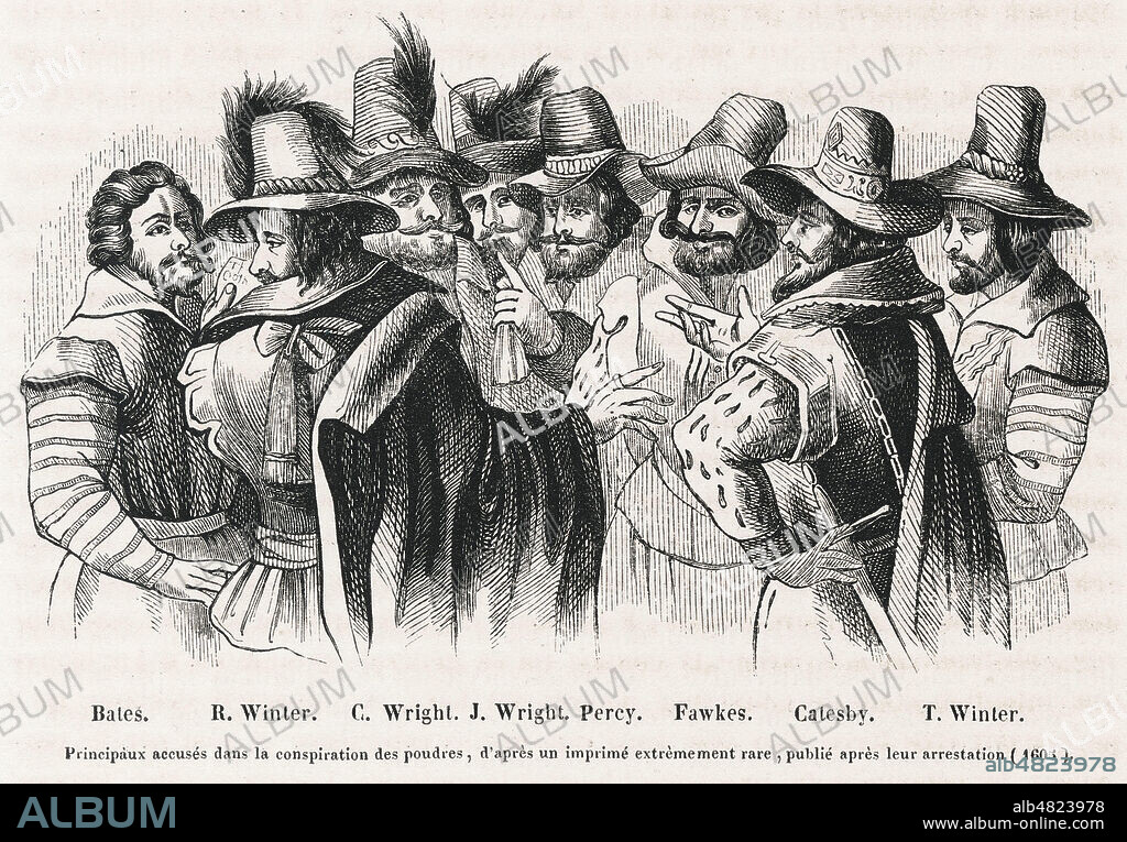 Principaux accuses dans la Conspiration des Poudres (Attentat contre le roi d'Angleterre JACQUES 1er dejoué en 1605). Illustration de 1605 reprise en 1844 dans Histoire d'Angleterre par Prudence-Guillaume de ROUJOUX et Alfred MAINGUET. Credit : Collection Lou/Kharbine-Tapabor.