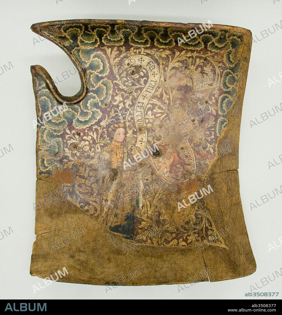 Shield for the Field or Tournament (Targe), 15th century, German, Wood, canvas, leather, gesso, silver, polychromy, iron, 19 x 16 3/4 in. (48.3 x 42.5 cm); Wt. 3 lb. 12 oz. (1704 g), Shields, Although damaged from use and age, this shield is one of the most beautifully painted examples of the fifteenth century. On the preserved surface shows a woman wearing a feathered turban and holding a scroll inscribed in German “fahr mit Freuden” (go with joy).