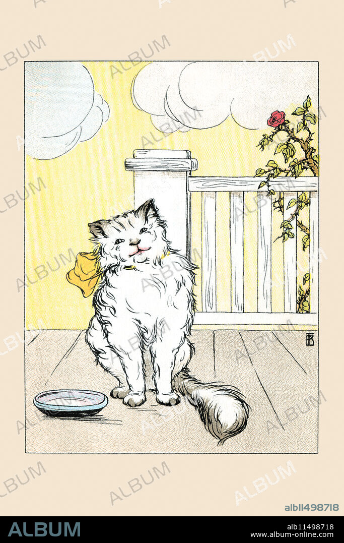 The cat called Punky Dunk on the porch with a bowl of milk.  An illustration from a series of children's books which came free with the Public Ledger newspaper.  Frances Beem was an early 20th century author and illustrator of children's books.