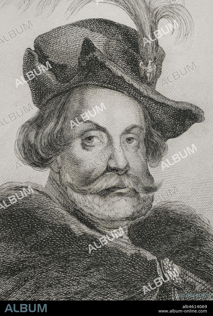 Vladislao IV Vasa (1595-1648). Príncipe de Polonia, rey de la Mancomunidad polaco-lituana (1632-1648), zar elegido de Rusia (1610-1613) y legalmente rey titular de Suecia hasta 1648. Retrato, detalle. Grabado por Lemaitre, Vernier y Massard. Historia de Polonia, por Charles Foster. Panorama Universal, edición española de 1840.