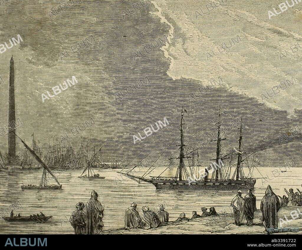 Egipto. Paso de la fragata "Berenguela" por el Canal de Suez, primer buque de gran envergadura que realizó la travesía. La Berenguela era una fragata española de hélice, perteneciente a la Armada Española. La Ilustración Española y Americana, 10 de enero de 1870. Dibujo por Padró. Grabado.