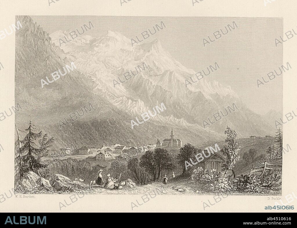 Mont Blanc, from Chamouni, The Mont Blanc massif behind Chamonix, signed: W. H. Bartlett, D. Buckle, pl. 11, to p. 26 (vol. 1), Bartlett, William Henry; Buckle, D., 1836, William Beattie, Switzerland. London: Virtue, 1836.