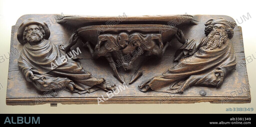 Pere Sanglada (documentado entre 1386-1408). Artista español. Misericordia con la representación de dos hombres midiendo sus fuerzas, 1394-1399. Gótico. Talla en madera de roble. Procede de la sillería del coro de la Catedral de Barcelona. Museo Nacional de Arte de Cataluña. Barcelona. Cataluña. España.
