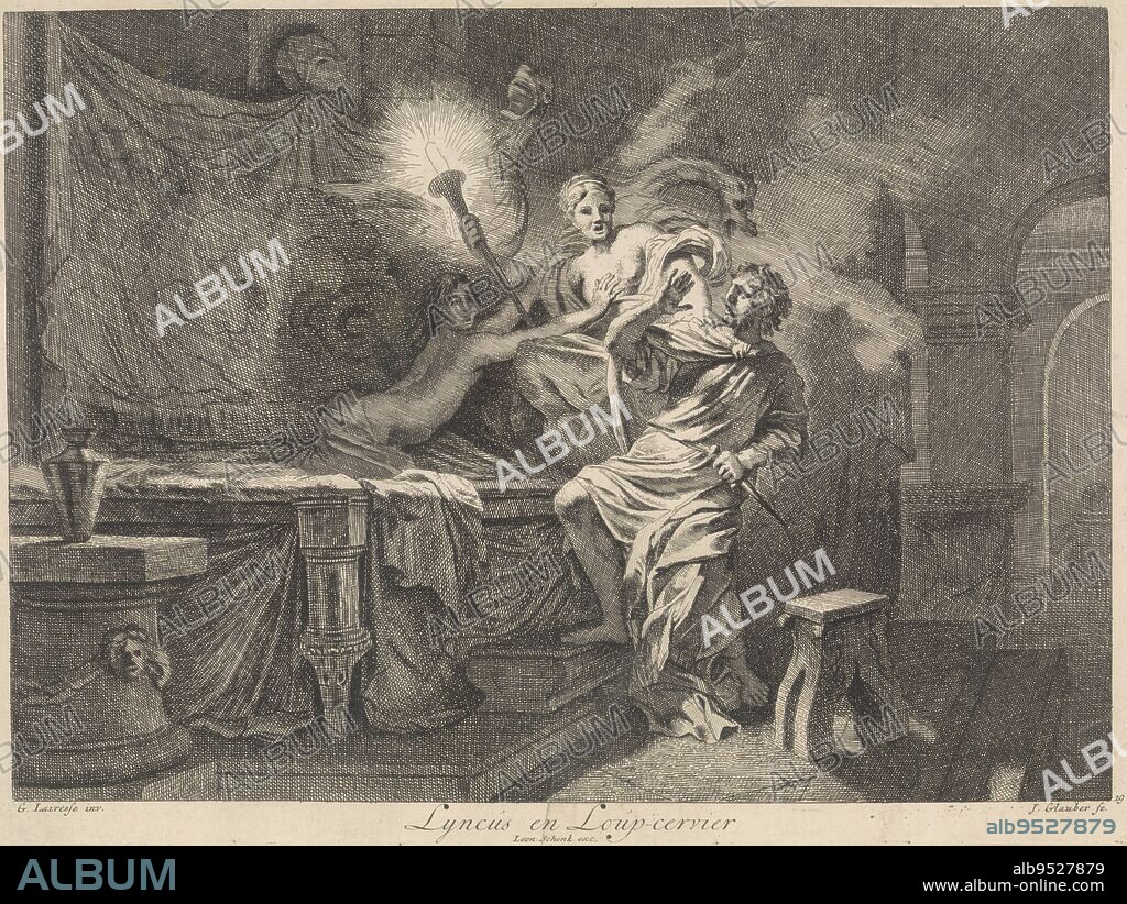 Ceres prevents the murder of Triptolemus, Johannes Glauber, after Gerard de Lairesse, 1656 - 1726, In the night, King Lynkos of Skythia attempts to murder the young Triptolemus in his sleep. Ceres prevents this and then transforms Lynkos into a lynx. In the background the three dragons of Triptolemus. The print is part of a series with Biblical, mythological and allegorical representations., print maker: Johannes Glauber, (mentioned on object), Gerard de Lairesse, (mentioned on object), publisher: Leonard Schenk, (mentioned on object), unknown, 1656 - 1726, paper, etching, w 377 mm × h 280 mm.