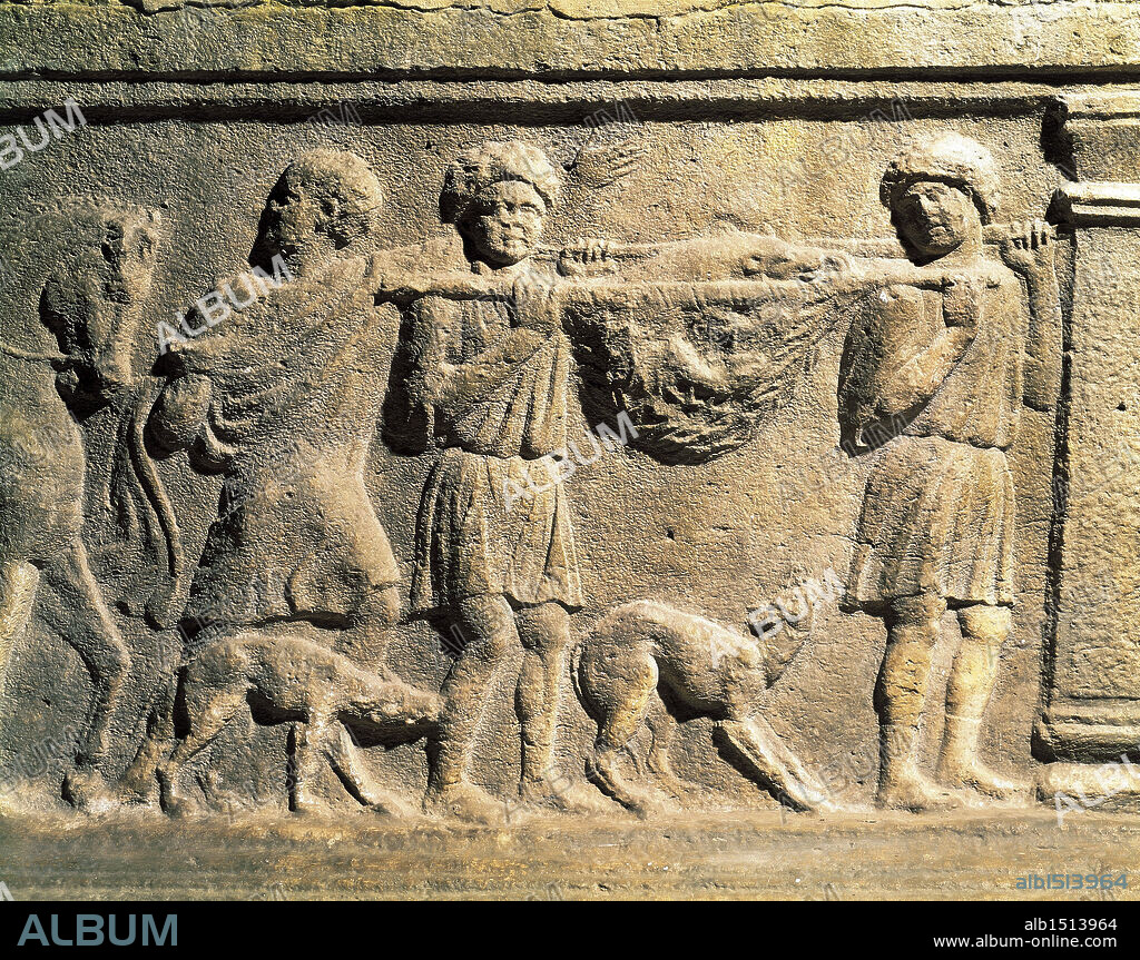 Roman civilization. Sarcophagus of Caio Flaminio Ostilio Sertoriano. Detail: coming back from the hunt.