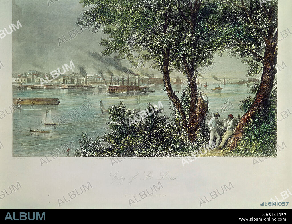 LA CIUDAD DE SAN LUIS (EEUU) - RIO MISSISSIPPI - SIGLO XIX - GRABADO COLOREADO.