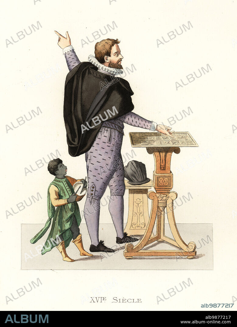 Portrait of Magino Gabrielli or Magino Meir, Jewish inventor, Venice, 16th century. Magino reads from his book about extracting silk thread from the cocoon twice a year., while a black boy beats a drum. He wears a short mantle, violet doublet, breeches and hose. Costumes Venitien. From a handcoloured woodcut in Dialoghi di Magino Gabrielli Hebreo Venetiano, 1588. Handcolored lithograph after an illustration by Edmond Lechevallier-Chevignard from Georges Duplessis's Costumes historiques des XVIe, XVIIe et XVIIIe siecles (Historical costumes of the 16th, 17th and 18th centuries), Paris, 1867. Edmond Lechevallier-Chevignard was an artist, book illustrator, and interior designer.