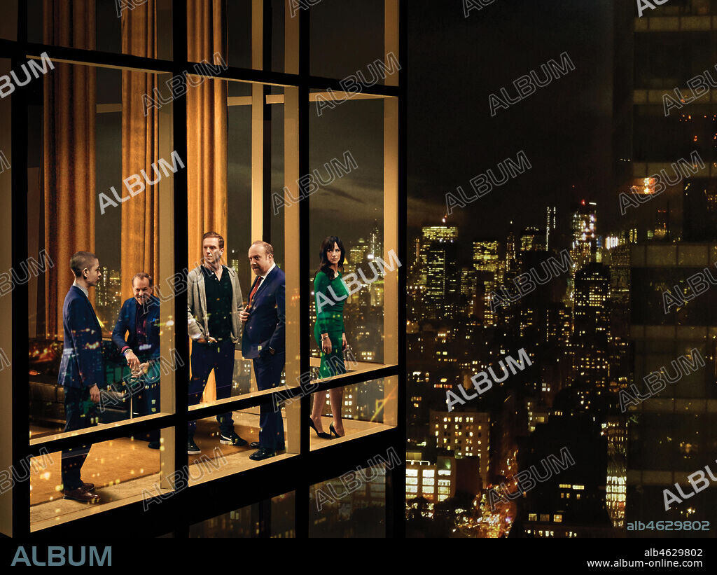 ASIA KATE DILLON, DAMIAN LEWIS, DAVID COSTABILE, MAGGIE SIFF and PAUL GIAMATTI in BILLIONS, 2016, directed by BRIAN KOPPELMAN and DAVID LEVIEN. Copyright SHOWTIME ENTERTAINMENT. Season 5.