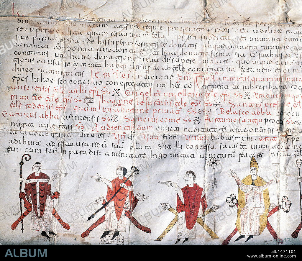 ACTA DEL CONCILIO DE JACA (S. XI) en un fragmento de pergamino iluminado. En la parte inferior, OBISPOS. Archivo Diocesano. Catedral de Huesca. Aragón. España.